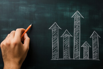 Hand Drawing Rising Arrows on Chalkboard Showing Growth