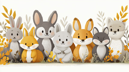 Fototapeta premium Cute cartoon rabbits in various colors, surrounded by autumn leaves, create cheerful and playful atmosphere