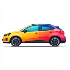 Brightly colored compact car design showcasing modern features and a dynamic profile during a sunny day