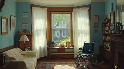 Cozy living room with wheelchair, sunlight, and backyard view
