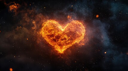 Obraz premium A vibrant image of a heart-shaped fire, with glowing orange flames on a dark smoky background