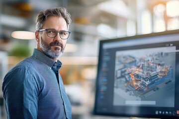 A professional man analyzes architectural plans on a computer screen in a modern workspace.