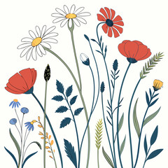 Naklejka premium Wildflower and Meadow Flora with Stem Vector Set