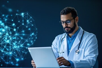 A doctor analyzes data on a laptop, surrounded by digital network graphics.