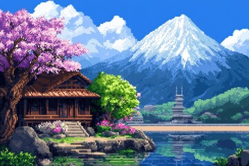 A serene pixel art landscape featuring a traditional wooden house surrounded by vibrant cherry blossoms, reflecting on a calm lake with a majestic mountain backdrop and a distant pagoda