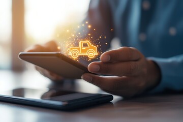 A person interacts with a smartphone displaying a digital truck icon, symbolizing technology and logistics.