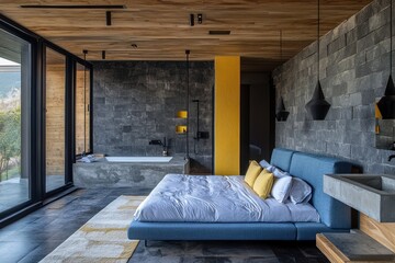 Modern bedroom interior with a luxurious aesthetic and design