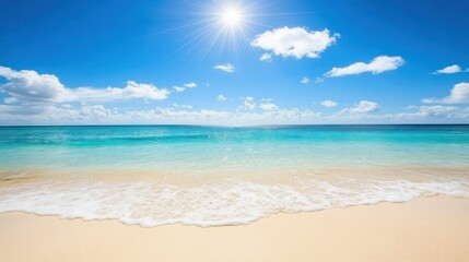 Sunny beach, turquoise waves gently lapping shore, bright sky, vacation travel