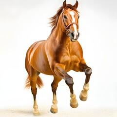 Obraz premium Elegant Brown Horse in Motion Displaying Strength and Agility Against a Neutral Background