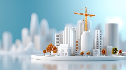 Urban skyline featuring modern buildings and a construction crane against a blue backdrop.