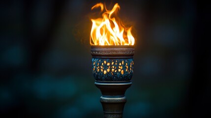 Ornate torch burning brightly. Intricate metalwork details visible against blurred background