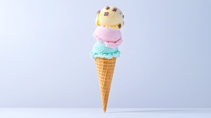 Colorful Ice Cream Cone with Three Scoops of Various Flavors on a Light Background