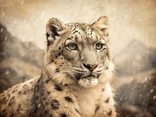 Obraz premium Vintage Photo: Endangered Snow Leopard in Himalayan Mountains