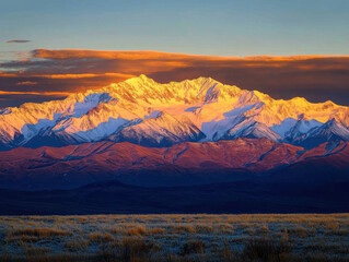 The setting sun's rays are falling on the peak of the distant snow-capped mountains. Beneath the mountains lies a plain. The golden snow-capped peaks and the shadowed slopes and plains below them are 