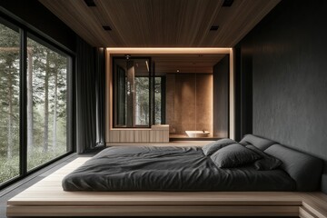 A modern bedroom with a large window and natural forest view