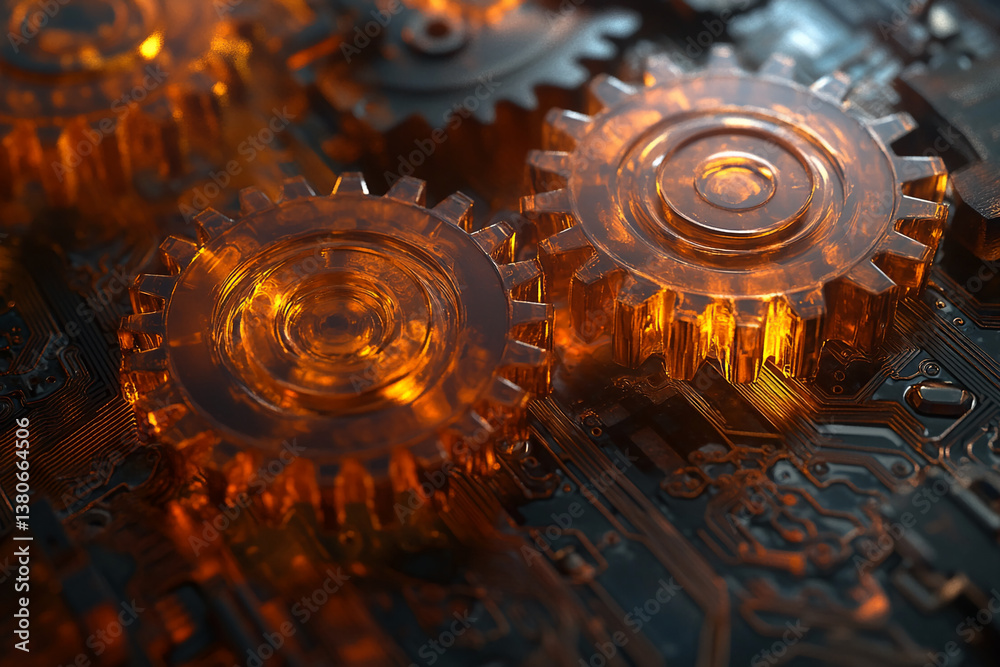 Aufkleber close-up of amber gears on circuit board, showcasing intricate details and mechanisms, representing 