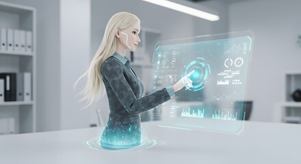 An AI-powered virtual assistant projected as a hologram engaging with a user interface