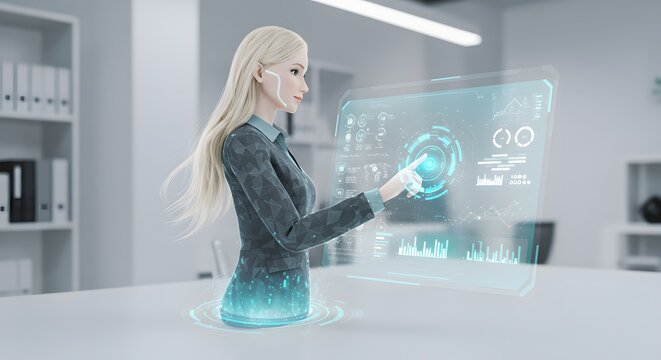 An AI-powered virtual assistant projected as a hologram engaging with a user interface