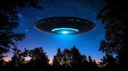 Mysterious unidentified flying object (UFO) hovering over forest at night with glowing blue lights and starry sky.