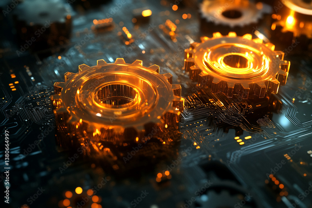 Aufkleber close-up of amber gears on dark circuit board, glowing with inner light, showcasing intricate mechan