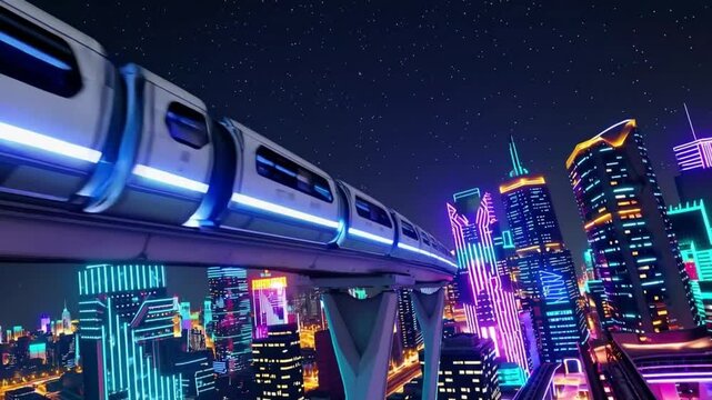 night scene of a futuristic monorail gliding smoothly above a city