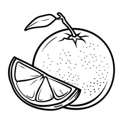 Outline orange fruit whole and slice icon. Hand drawn black line sketch on white background. Logo template. Vector illustration