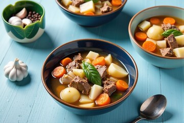 Close-up shot of three bowls of hearty beef stew with potatoes and carrots on a blue wooden table.
