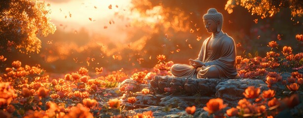Naklejka premium Serene Buddha in a Floral Paradise