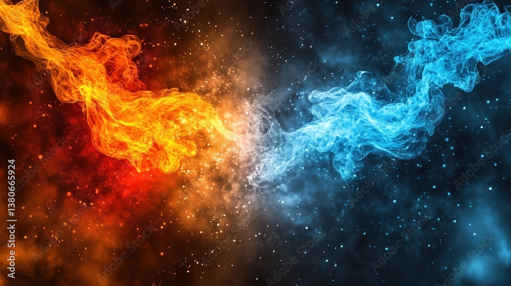 Poster abstract fiery wallpaper design with dual elements of red and blue flames blending into swirling smo