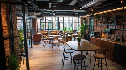 Fototapeta premium Inviting coworking space with modern design and flexible workspace options for collaboration