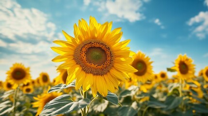 Obraz premium A vast sunflower field swaying in the breeze, golden blooms stretching endlessly under a warm summer sky,