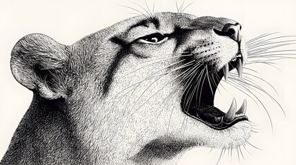 Close-Up Drawing of a Roaring Lion in Black and White Ink with Detailed Features on a Light Background