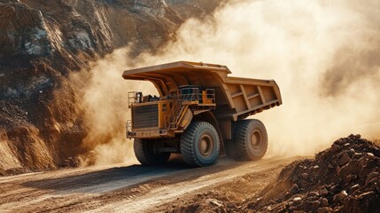 Heavy-duty mining truck transporting ore in a dusty open-pit mine environment
