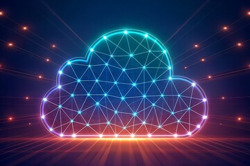 Naklejka premium Abstract cloud made of glowing data nodes connect Futuristic cloud design with vibrant neon colors and geometric patterns.