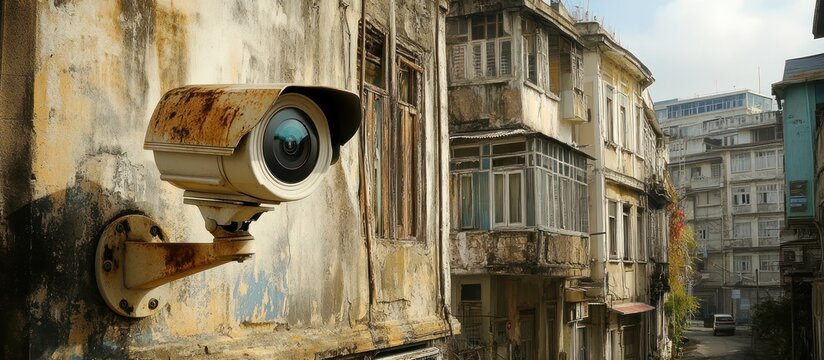 Rusty security camera on old building, city street background