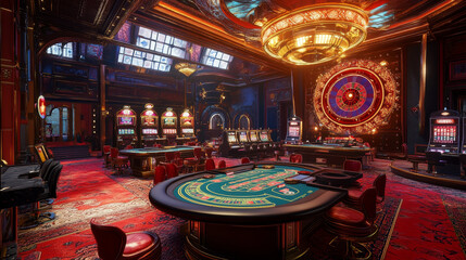 Naklejka premium Casino 3d cover, slot machines and roulette with cards, Scene background art. Vector illustration
