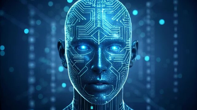 Futuristic AI Robot Face talking Emerging from Glowing Particle Data Stream in Digital Intelligence Environment
