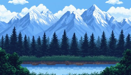 A serene pixel art landscape featuring majestic snow-capped mountains in the background, lush green forests, and a tranquil river reflecting the scenery, ideal for digital backgrounds
