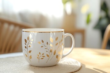Elegant white mug with golden leaves design perfect for a cozy drink in a bright serene setting.