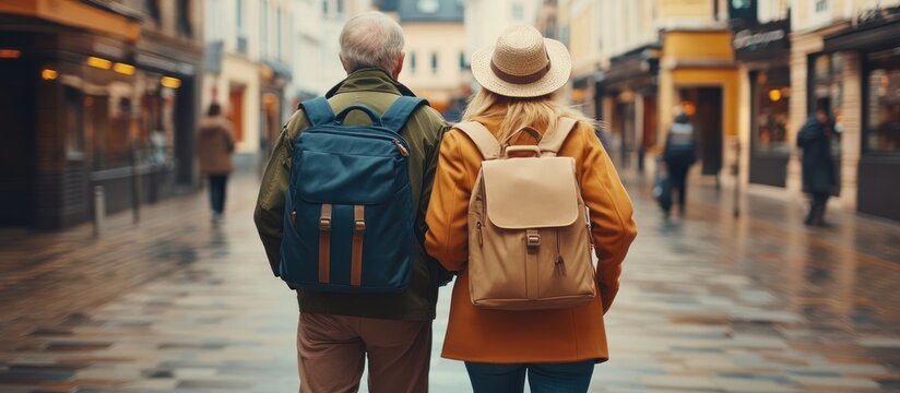 Seniors stroll cobblestone street, backpacks, city background, travel