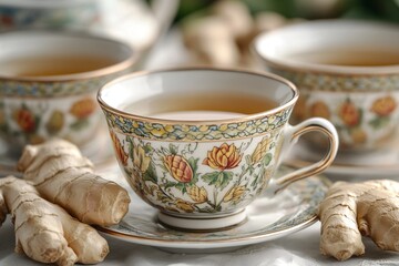 Fototapeta premium A trio of ornate teacups filled with a light-colored tea, accompanied by fresh ginger root. A warm and inviting scene.