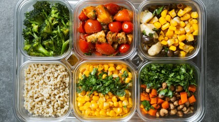 A vibrant meal prep lunch box with a variety of proteins, grains, and colorful vegetables,