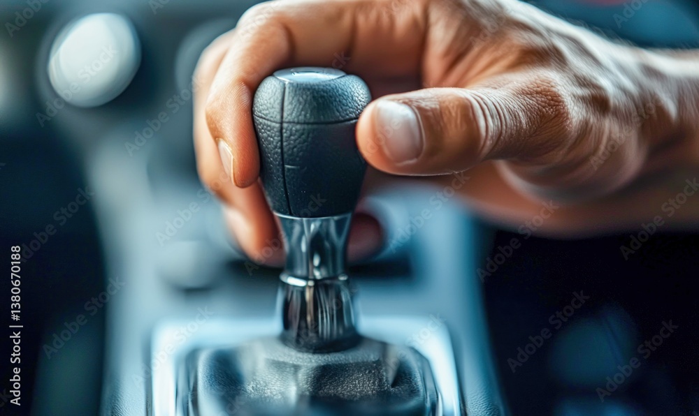 Poster an eye-level shot showcases a hand firmly placed on a manual gear shift in a car, ready to change ge