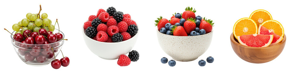 Four bowls of vibrant mixed berries, cherries, and citrus fruit slices.