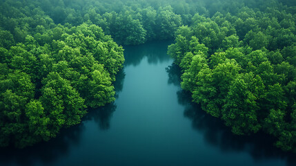 Fototapeta premium A river with trees on either side, nature, forest, green, river, landscape, travel, aerial, water, environment, scenic, lush, beautiful, drone, jungle, natural, summer, tree, tropical, view, mountain,