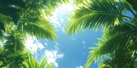 Low-angle view of lush green palm fronds against a bright blue sky with clouds, creating a vibrant summer scene, representative of tropical paradise and relaxation