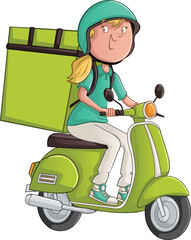 Delivery woman driving a motorbike. Fast Service. Shipping products.