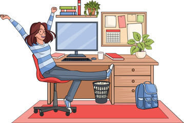 Beautiful cartoon woman on office desk. Modern women working.

