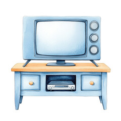 Charming television set on a rustic table in a watercolor illustration reflecting farmhouse style
