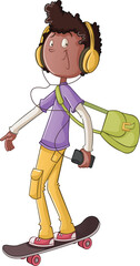Cartoon boy riding a skate board listening music. Teenager practicing sports with headphones.